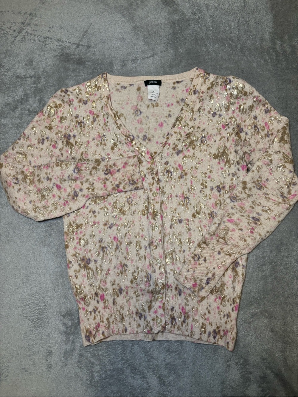 J.Crew Merino Wool Cardigan Metallic Gold Floral Print Sz M